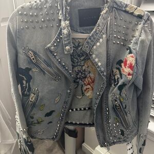 Blank NYC Studded Blue Denim Jacket with Floral Accents